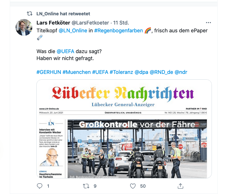 Tweet von Lars Fetköter, Leitender Redakteur der Lübecker Nachrichten.